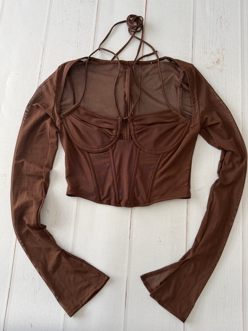 Brown Mesh Corset Crop Top Sheer Long Sleeve Y2K Going Out Clubwear